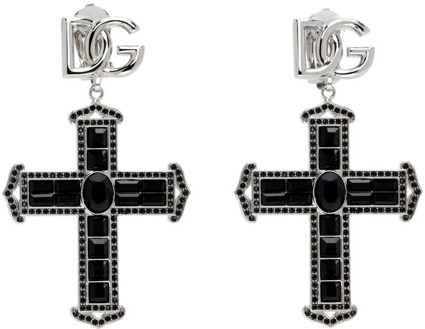 Uhani Dolce & Gabbana Silver & Black Cross Earrings Črna | WEP4C7 W1111