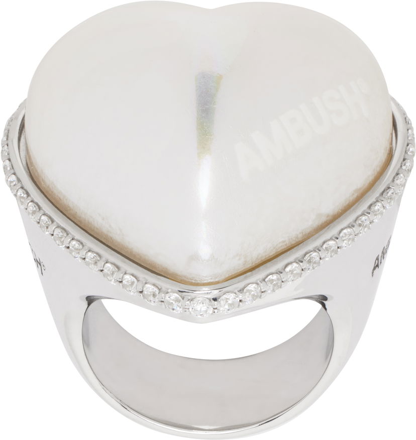 Prstan Ambush AMBUSH Large Pearl Heart Ring Bela | 12115243