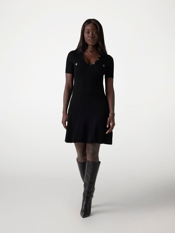 Obleke GUESS Ribbed Polo Sweater Mini Dress Črna | W5RK18Z2U00, 0