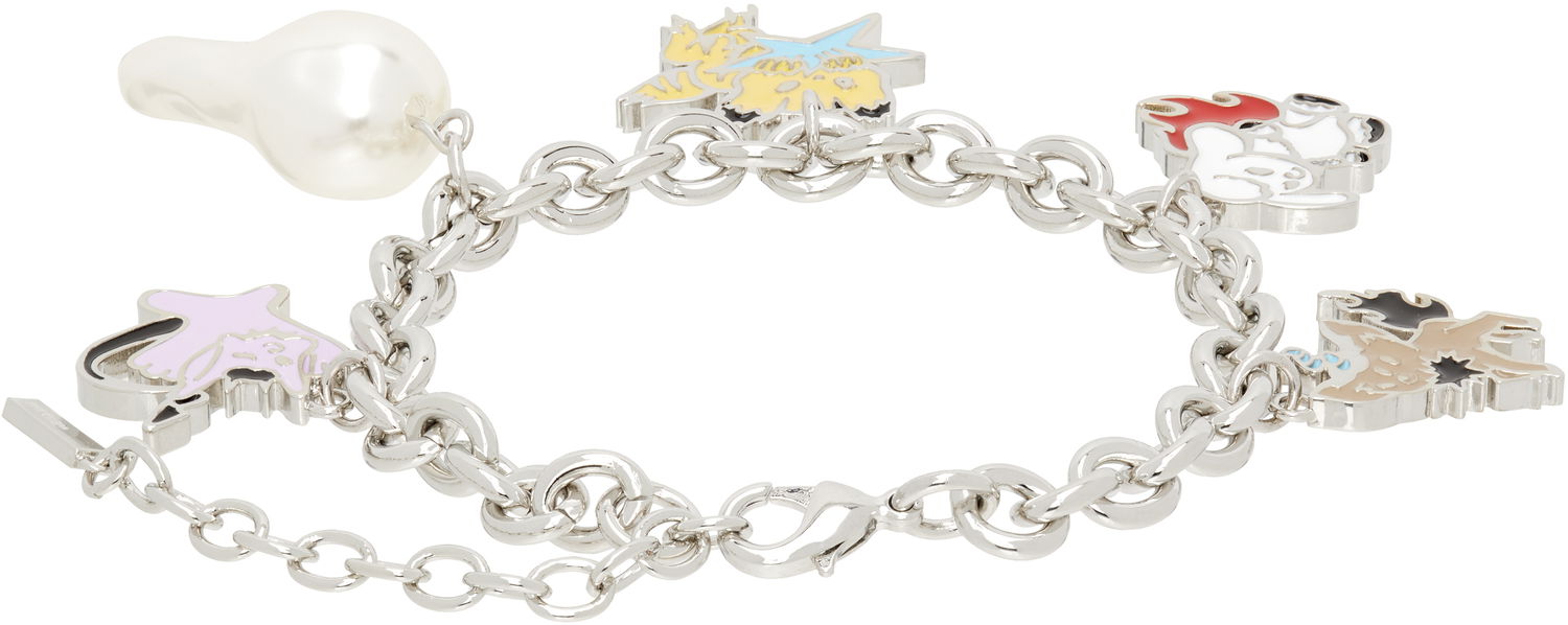 Zapestnica We11done We11done Silver-Tone Metal Monster Charms Bracelet with Faux Pearl Kovinski | WD-AJ2-25-525-U-SV, 1