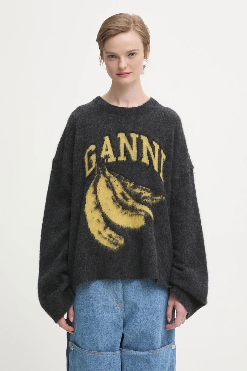 Pleteni pulover GANNI Fine Brushed Alpaca Banana Oversized Sweater Siva | K2516