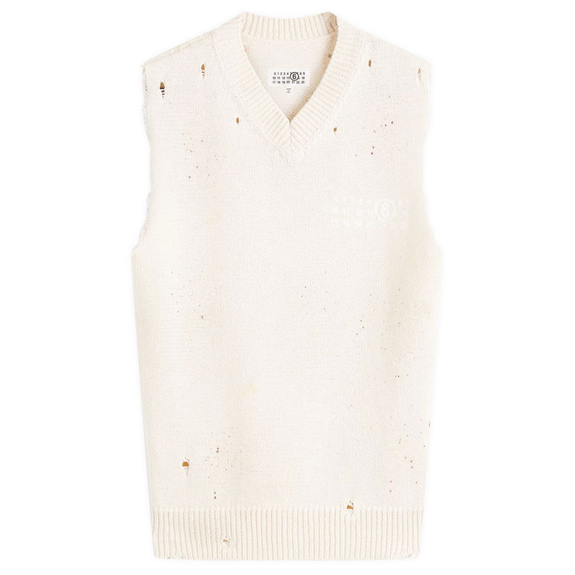 Pleteni pulover Maison Margiela MM6 Maison Margiela Men's Distressed Numbers Print Vest, Size Large Bela | SH2FB0014-M13123-102S