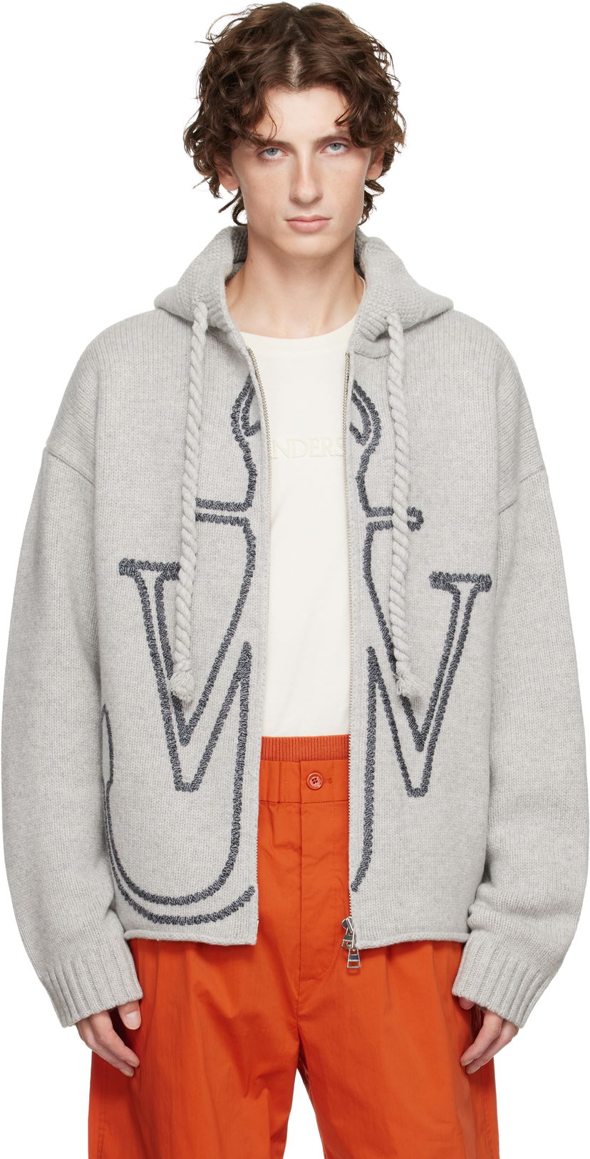 Pulover JW Anderson Anchor Embroidery Zip Hoodie Siva | KW1429-YN0412