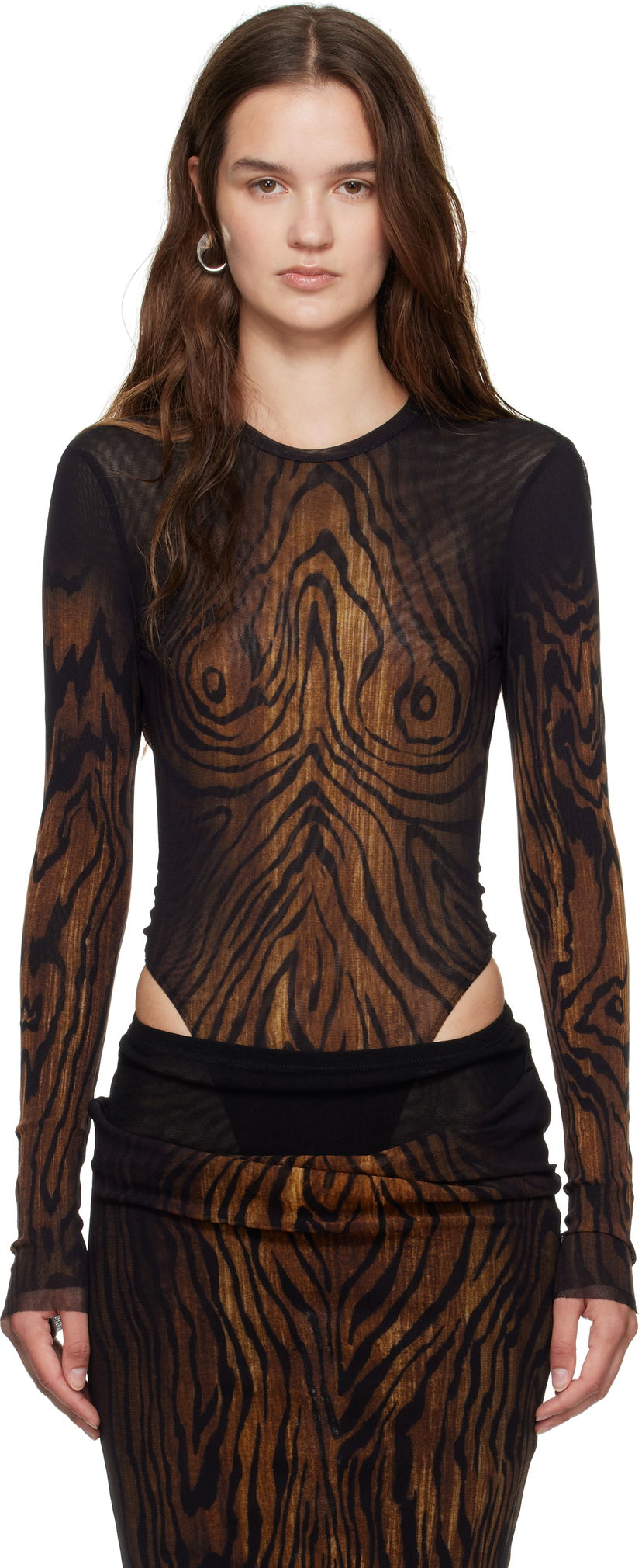 Bodi Jean Paul Gaultier Jean Paul Gaultier Mesh Double Layer Wood Print Bodysuit Rjava | 25/03-W-TO314-M002P-0060