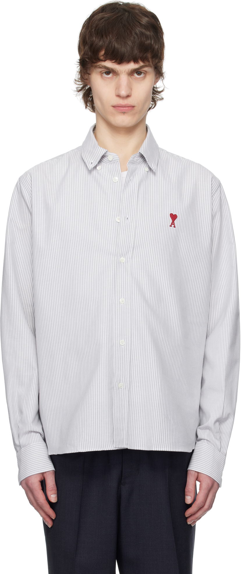Srajce AMI AMI Cotton Striped Button-Down Ami de Coeur Shirt Bela | USH063.CO0087