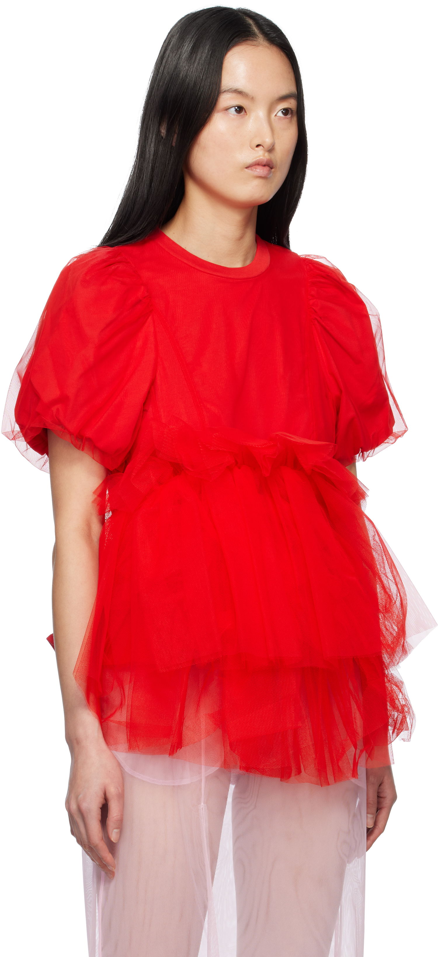 Majica Simone Rocha Simone Rocha Tulle Overlay Puff Sleeve Tutu Hem T-Shirt Rdeča | 5310 0553, 1