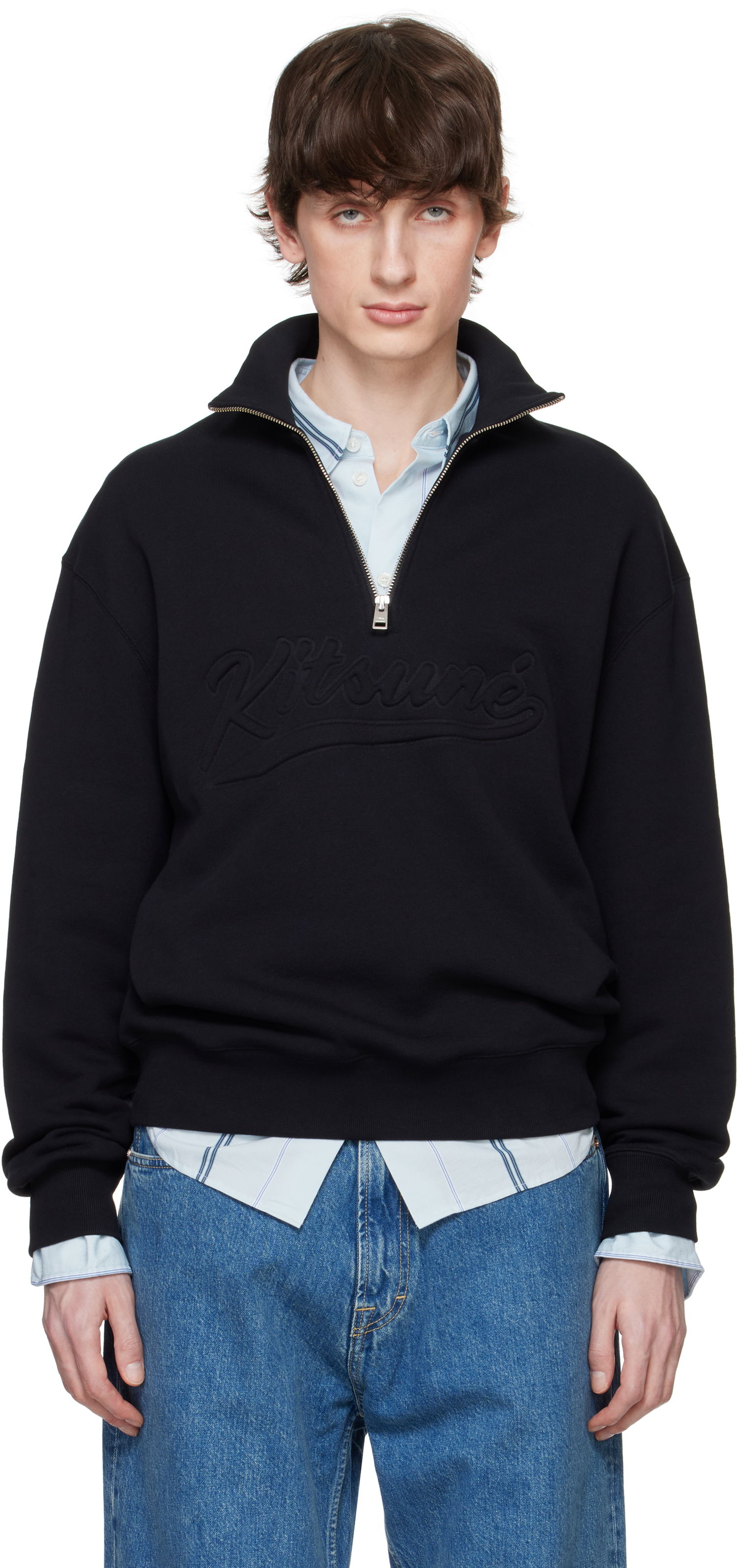 Pulover MAISON KITSUNÉ Maison Kitsuné Varsity Half Zip Sweater Črna | OM00302KM0321, 0