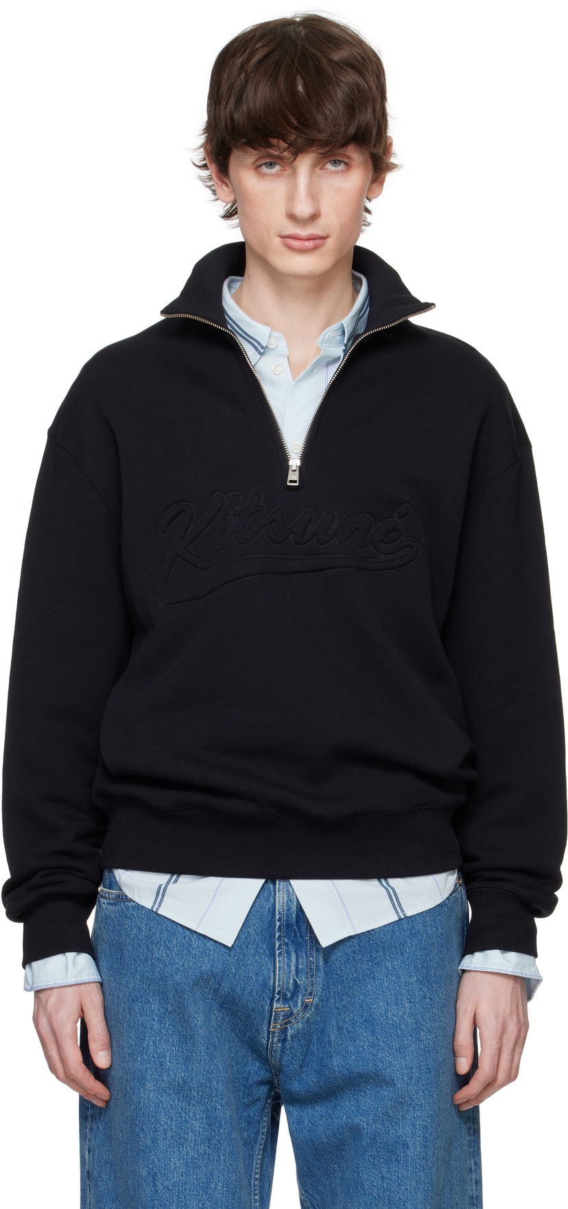 Pulover MAISON KITSUNÉ Maison Kitsuné Varsity Half Zip Sweater Črna | OM00302KM0321