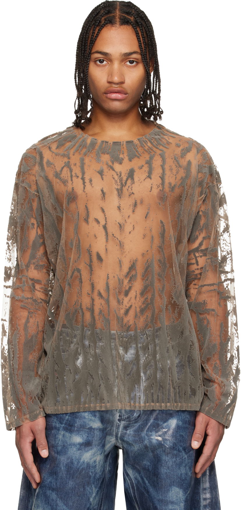 Majica Diesel Sheer Flocked Long-Sleeve T-shirt T-Taras Siva | A21098-0SLCQ-98BA