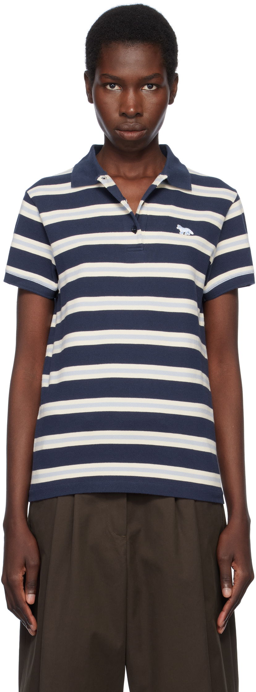 Polo majica MAISON KITSUNÉ Kitsuné Baby Fox Patch Stripe Polo Mornarica | OW00205KJ7010