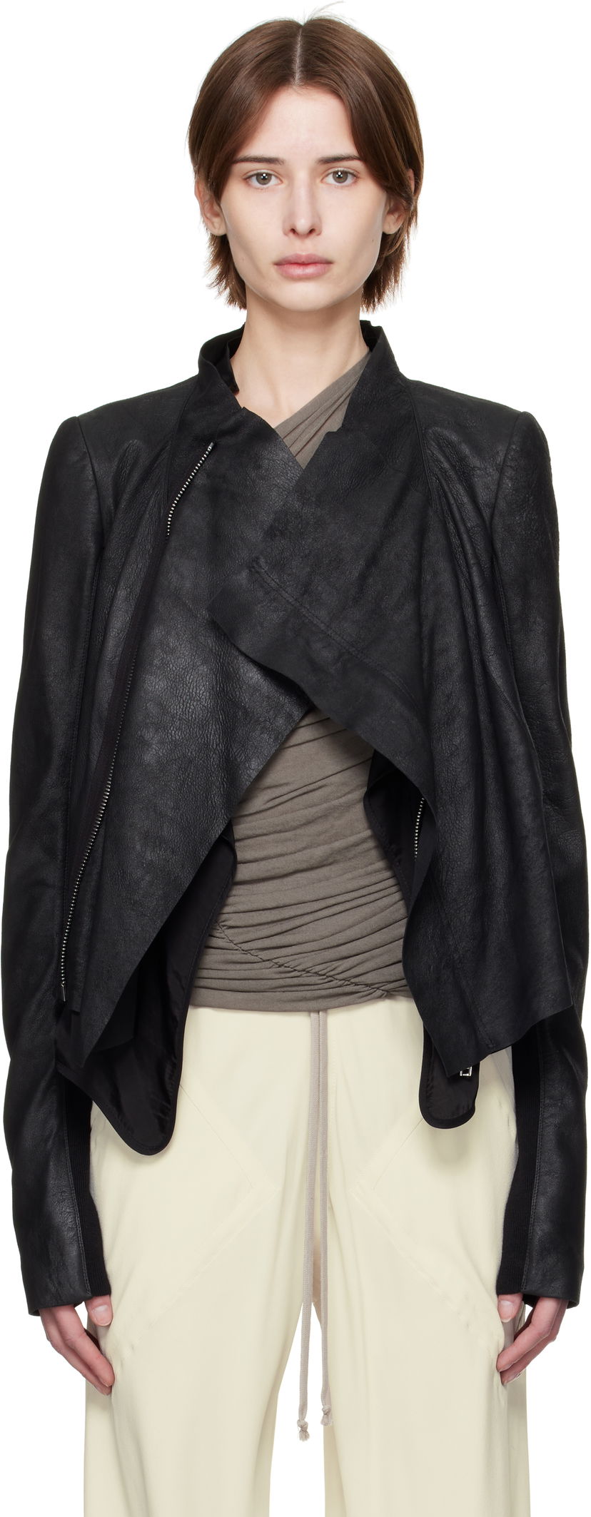 Jakna Rick Owens Rick Owens Hollywood Low Neck Biker Leather Jacket Črna | RP01E7702 LBA