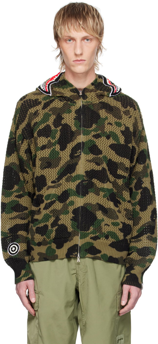 Pulover BAPE BAPE 1st Camo Shark Knitted Zip-Up Hoodie Zelena | 001ZPK301307M