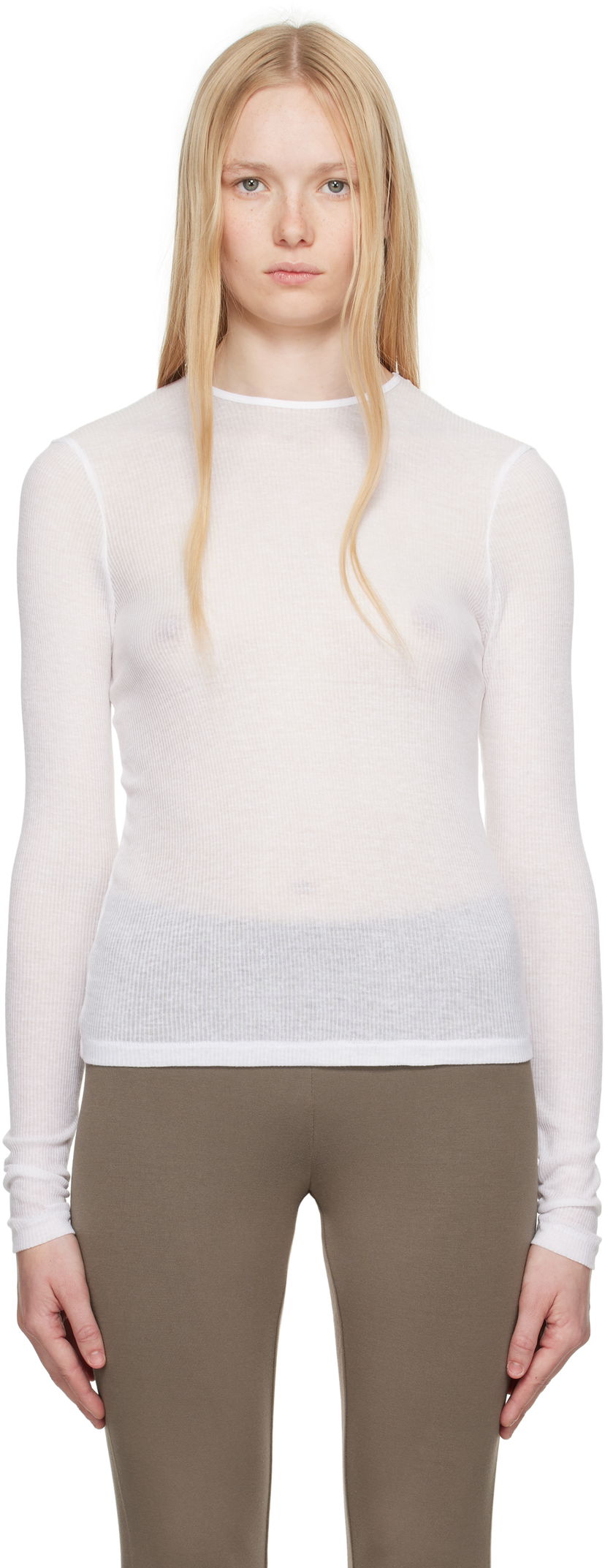 Majica SKIMS SKIMS Sheer Cotton Long Sleeve T-Shirt Bela | TP-LST-4270