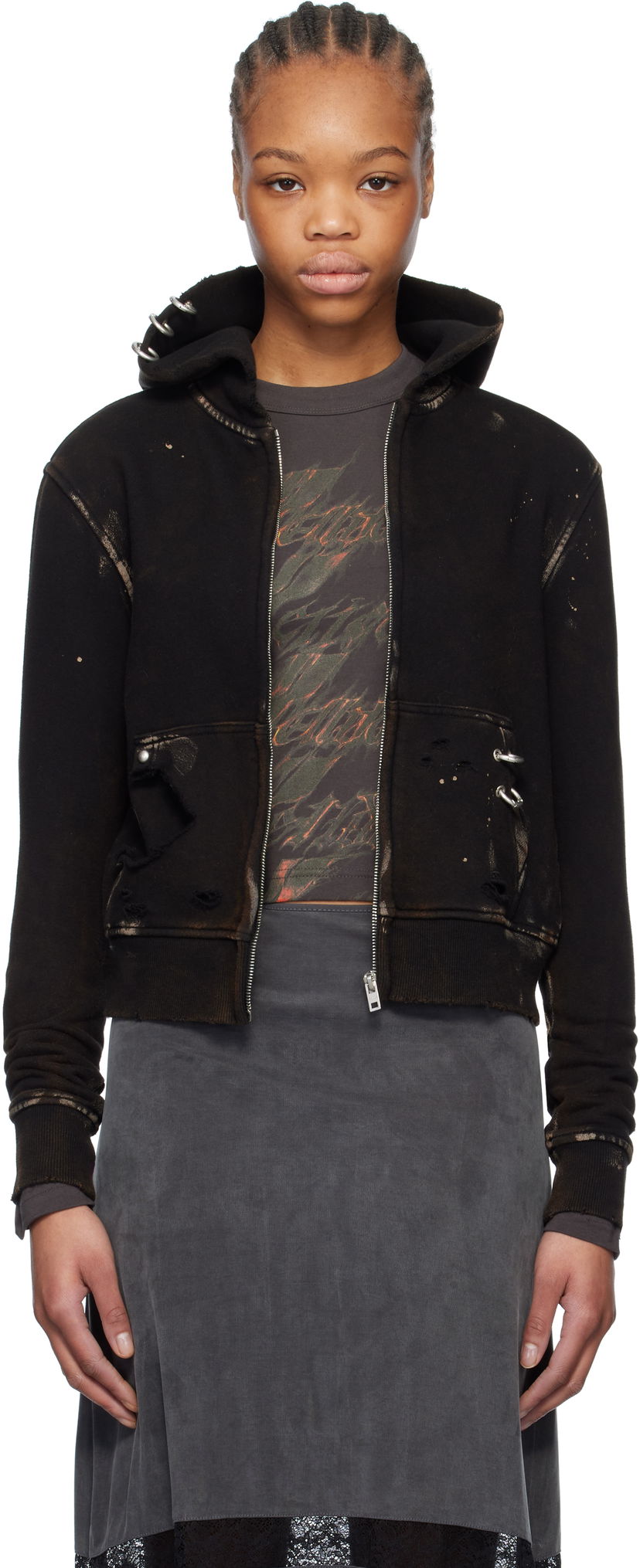 Pulover We11done We11done Pierced Zip-Up Hoodie Črna | WD-TJ0-25-821-U-BK