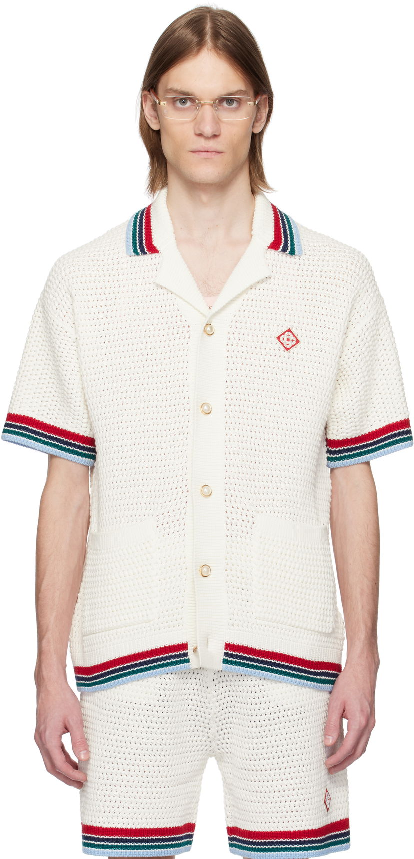 Pleteni pulover Casablanca Casablanca Gothic Crochet Knit Polo Shirt Bela | MS25-KW-920-01
