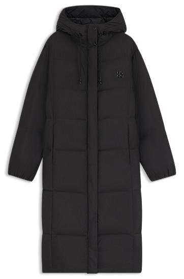 Puhovka BOSS Long-length hooded down jacket with stacked-logo print Črna | 50546355, 0