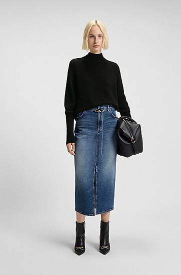 Pleteni pulover BOSS Relaxed-fit mock-neck sweater in a wool blend Črna | 50548251, 1