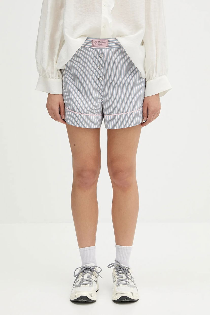 Kratke hlače GANNI GANNI Yarn Dyed Stripe Elasticated High Waist Shorts Modra | W0388