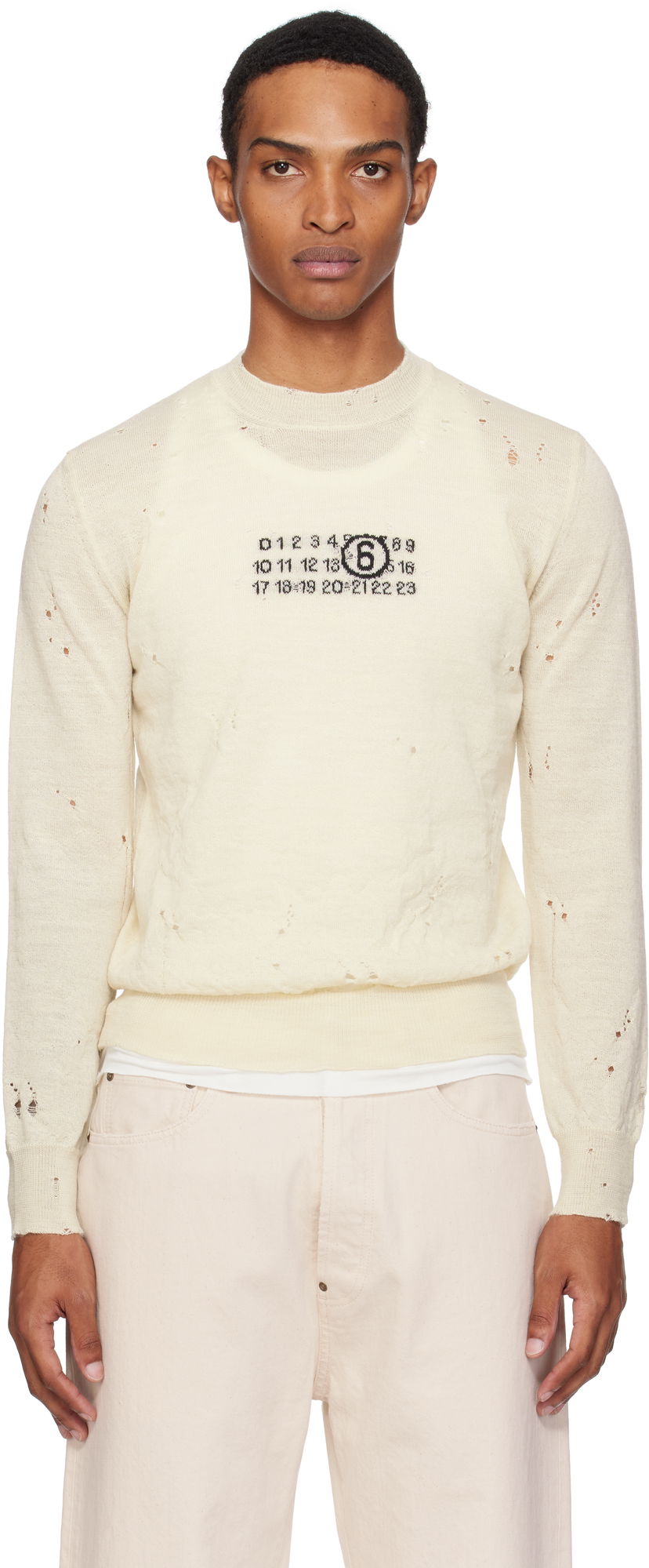 Pleteni pulover Maison Margiela MM6 Maison Margiela Distressed Wool Sweater Bela | SH0HL0033 M13134