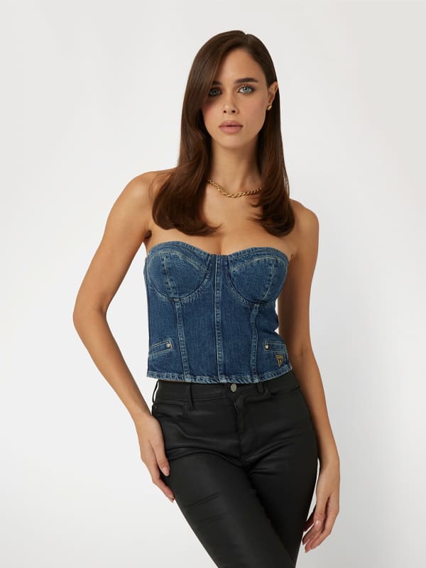 Majica brez rokavov GUESS Denim Bustier Top Modra | W4PH0TD5JT1