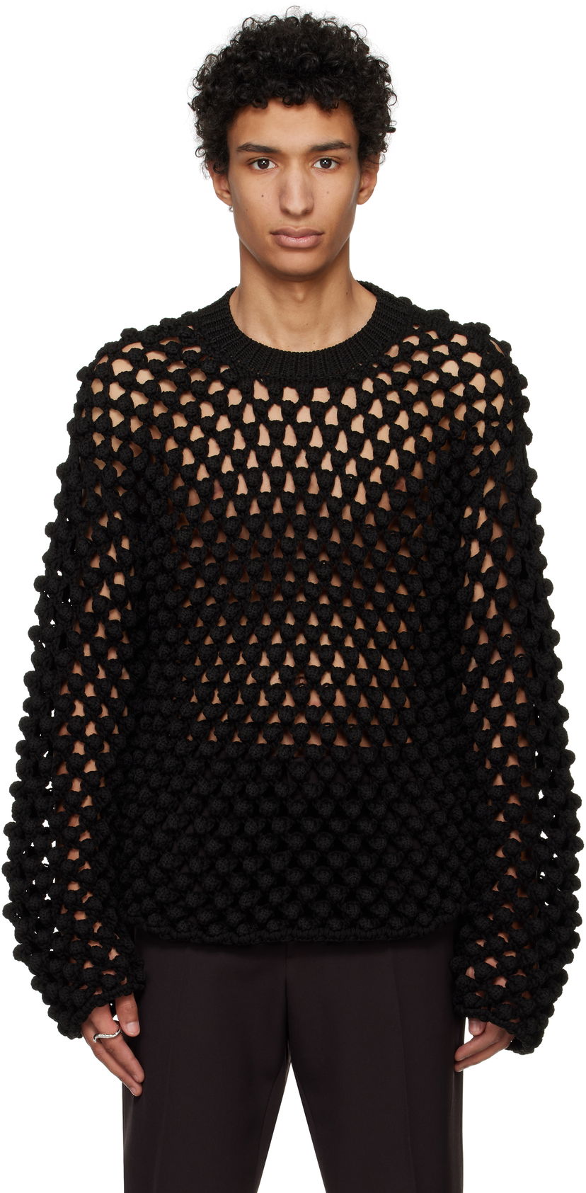 Pleteni pulover Jil Sander Jil Sander Crochet Crew-Neck Sweater Črna | J22GP0242_J19157