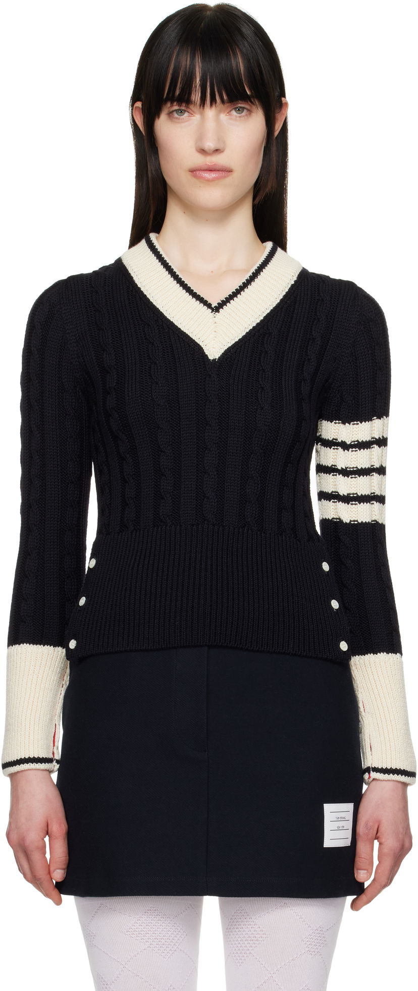 Pleteni pulover Thom Browne Thom Browne Classic Merino Wool V-Neck Sweater Mornarica | FKA484A-Y1024