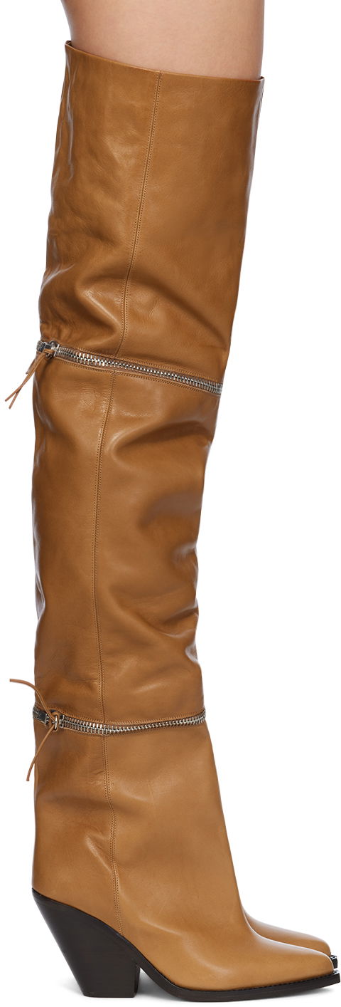 Superge in čevlji ISABEL MARANT Lelodie Over-the-Knee Zipped Leather Boots Rjava | 23HCD0006FA-A4A12S