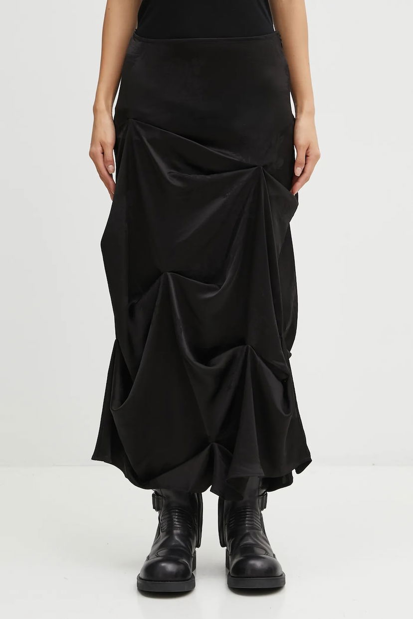 Krila GANNI Fluid Satin Jacquard Tuck Detail Long Midi Skirt Črna | W0997