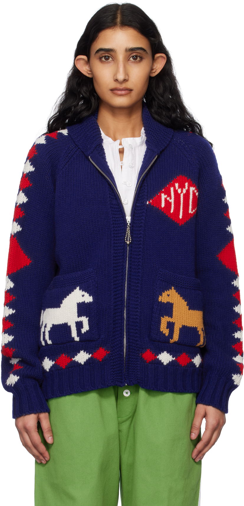 Pleteni pulover Bode Bode Diamond Corral Zip Cardigan Modra | MRS25KT015