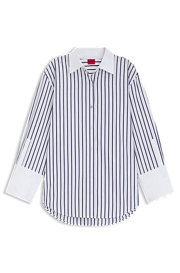 Srajce BOSS Cotton Poplin Blouse with Contrast Trims and Stripes Modra | 50543521