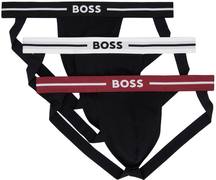 Flexstyle BOSS Three-Pack Black Jacquard Logo Jock Straps Črna | 50517823