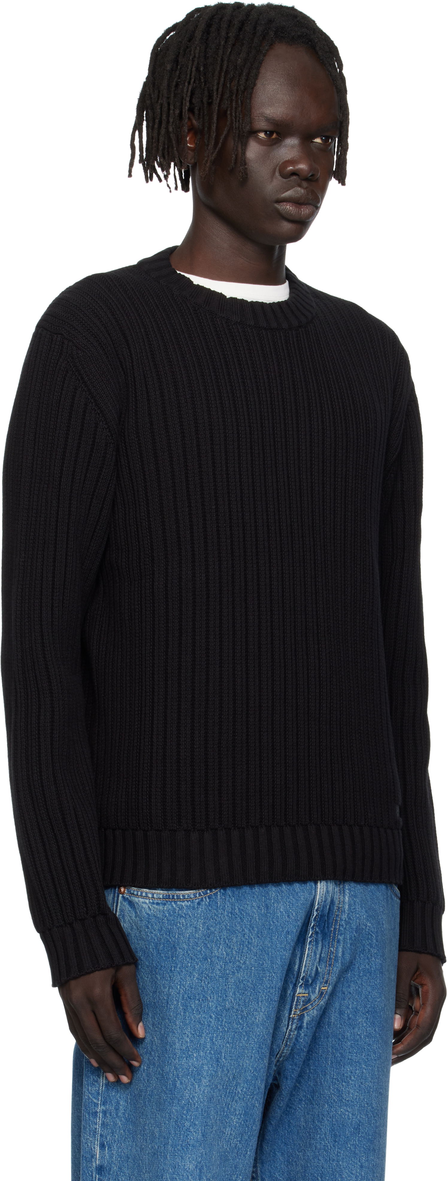 Pleteni pulover BOSS Hugo Embroidered-Logo Ribbed Knit Sweater Črna | 50546863, 1