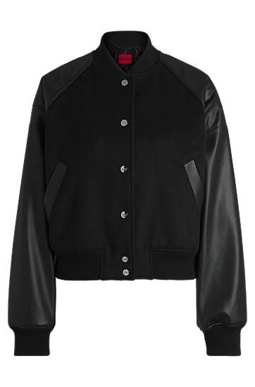 Bomber jakna BOSS Cropped Bomber Jacket with Faux Leather Sleeves Črna | 50529951