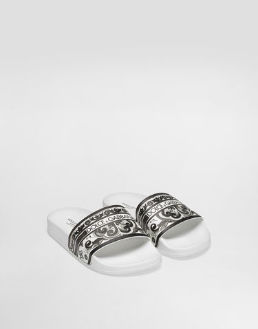 Modni dodatki Dolce & Gabbana Dolce & Gabbana Majolica-Print Calfskin Slides Bela | DD0318A1838IU3TN, 1