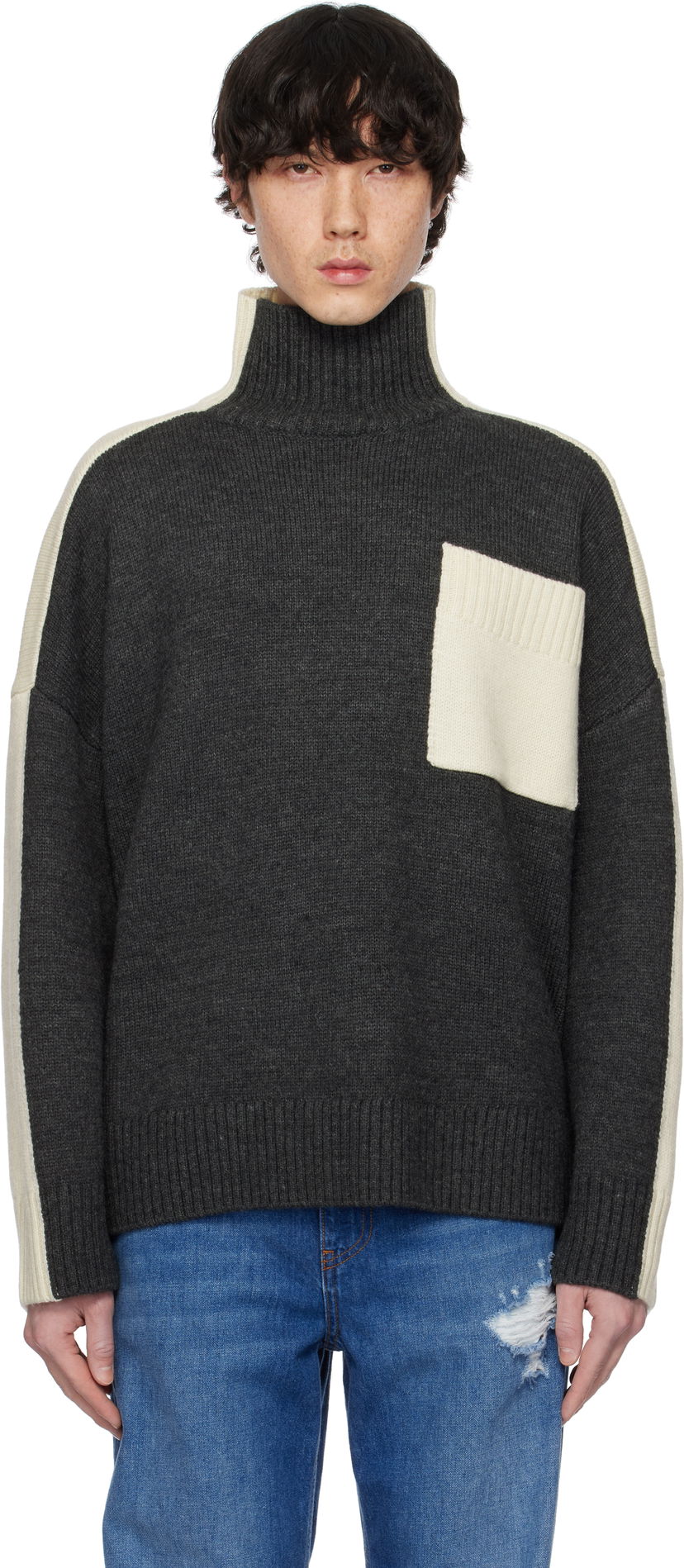 Pleteni pulover JW Anderson JW Anderson Dual Tone Turtleneck with Patch Pocket Siva | KW1308-YN0367