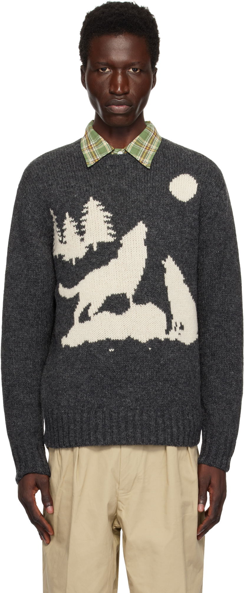 Pleteni pulover BEAMS BEAMS PLUS Crew Intarsia Sweater Siva | 38150202103