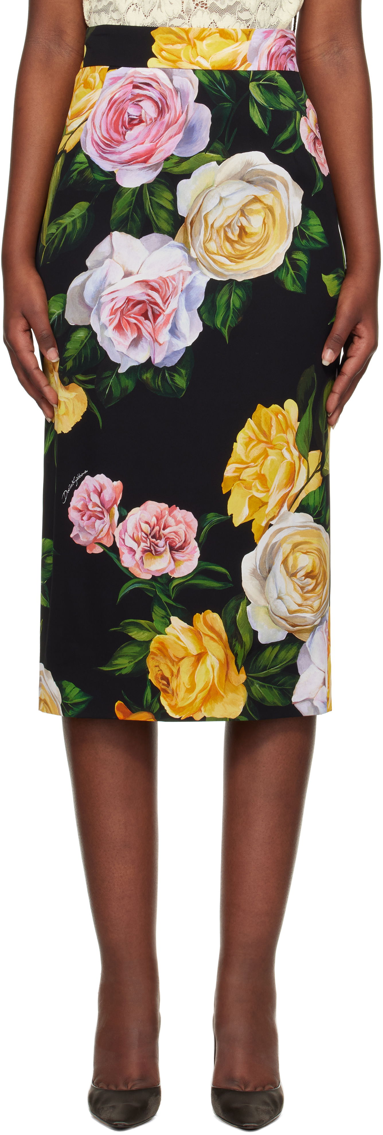 Krila Dolce & Gabbana Dolce&Gabbana Peony & Rose-Print Midi Skirt Črna | F4B6UT FSA7B, 0