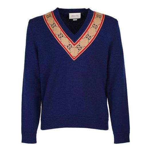 Pleteni pulover Gucci GG V-Neck Wool Sweater Modra | 577089-XKAUO-4912