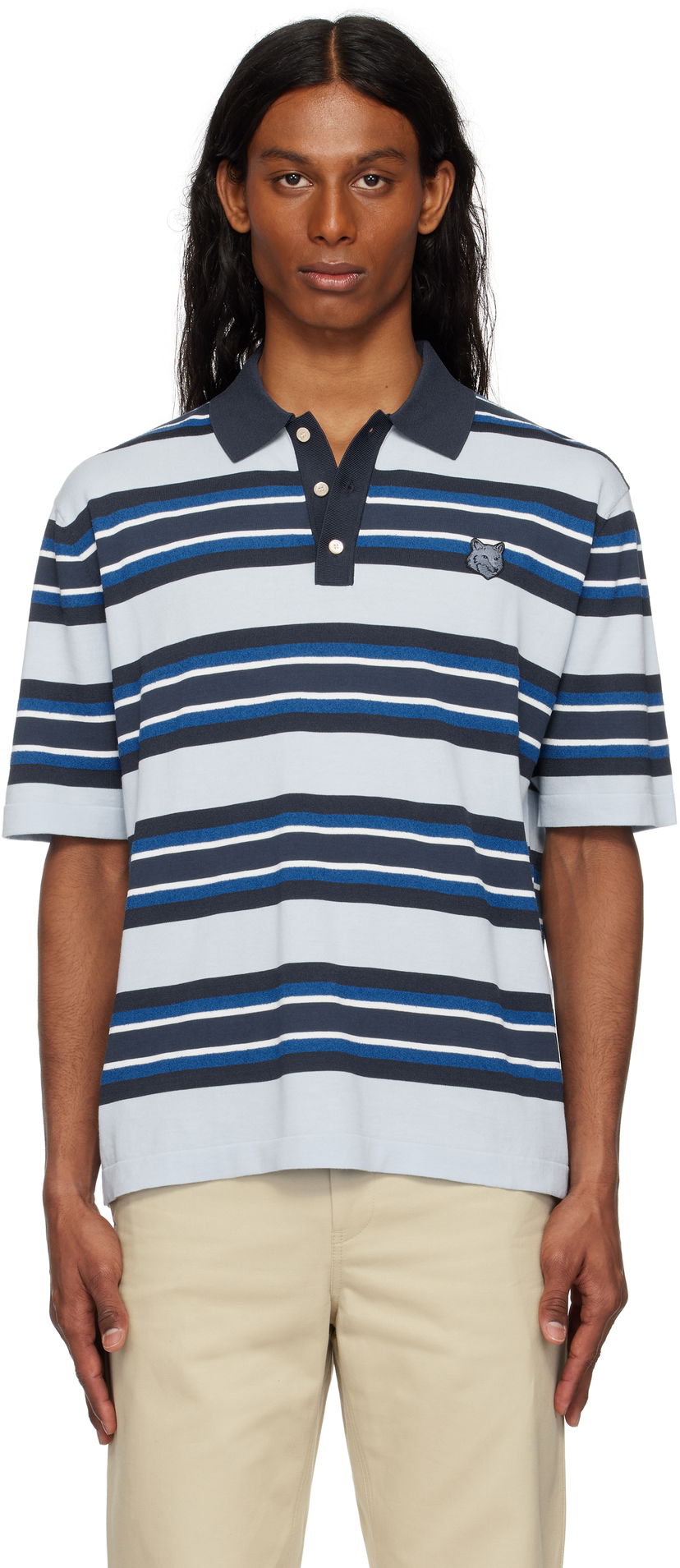 Polo majica MAISON KITSUNÉ Maison Kitsuné Fine Gauge Striped Polo with Fox Head Patch Modra | OM00201KT1119