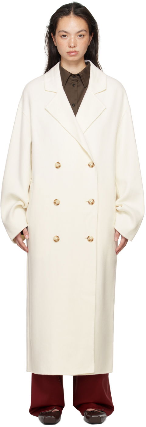 Plašči Loulou de Saison Loulou de Saison Borneo Double-Breasted Long Coat Bela | BORNEO