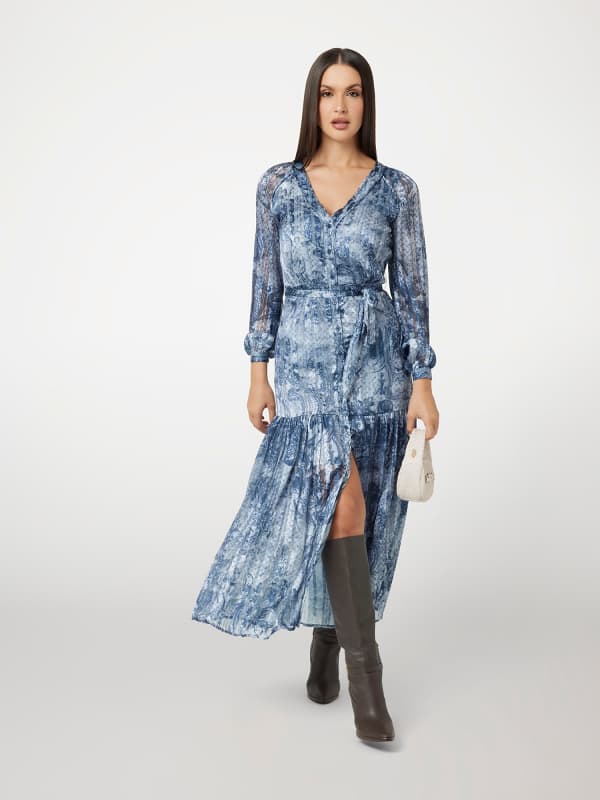 Obleke GUESS Long Georgette Dress with Front Slit Modra | W5RK77WGWV2, 0