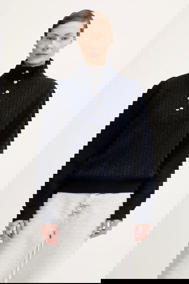 Pleteni pulover A.P.C. Thea Cable-Knit Mock Neck Button-Front Sweater Mornarica | WVBCZ.F23426, 0