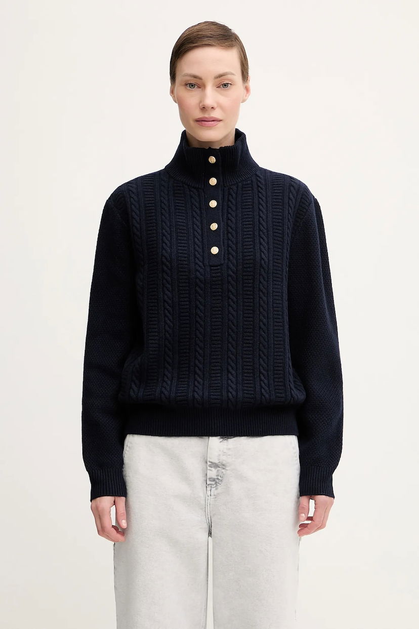 Pleteni pulover A.P.C. Thea Cable-Knit Mock Neck Button-Front Sweater Mornarica | WVBCZ.F23426