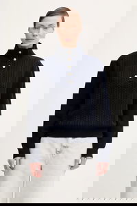 Thea Cable-Knit Mock Neck Button-Front Sweater