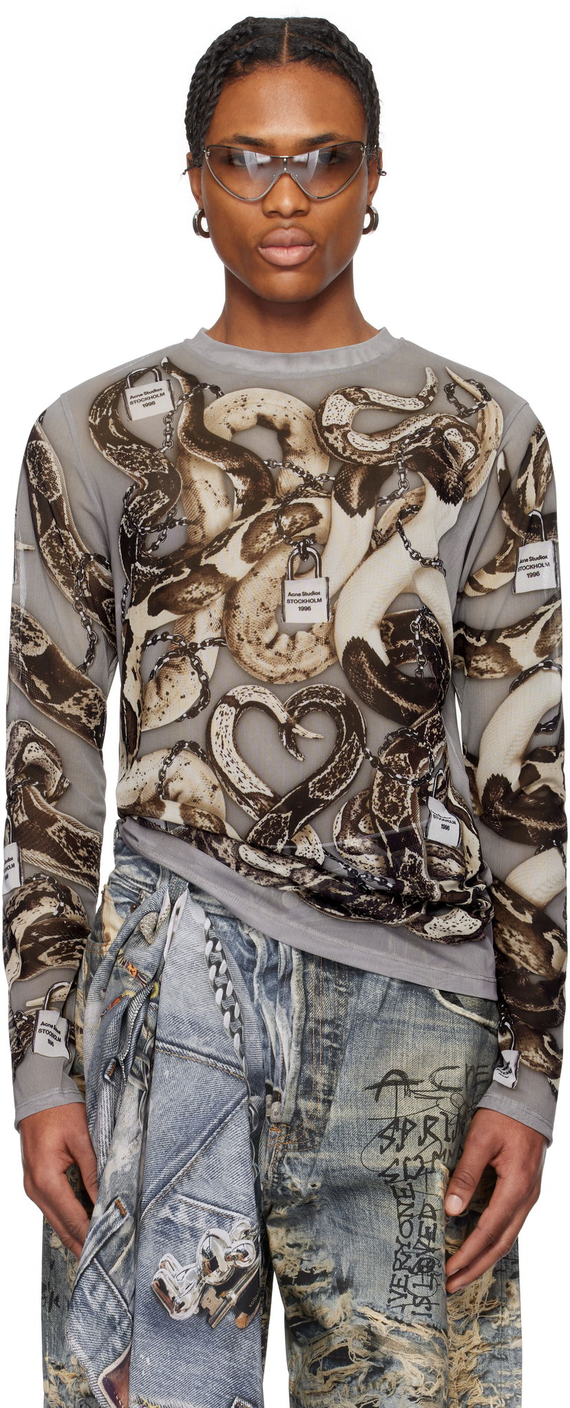 Majica Acne Studios Acne Studios Printed Mesh Long Sleeve T-Shirt Siva | BL0406-