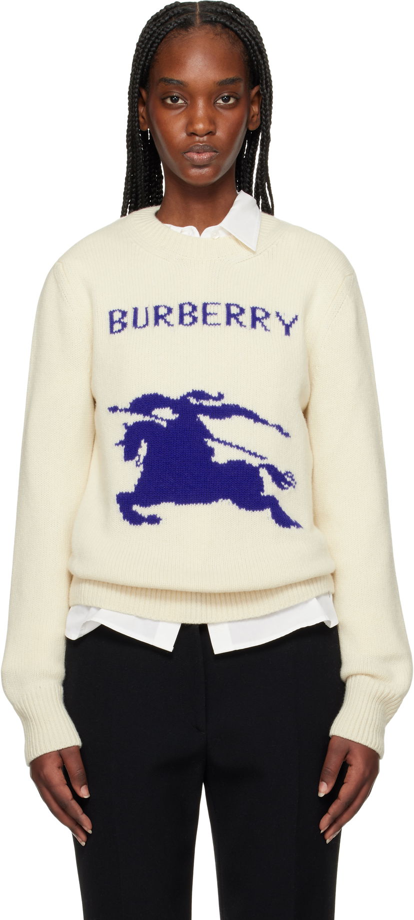 Pleteni pulover Burberry Burberry Wool Cashmere Equestrian Knight Design Sweater Bela | 8103045