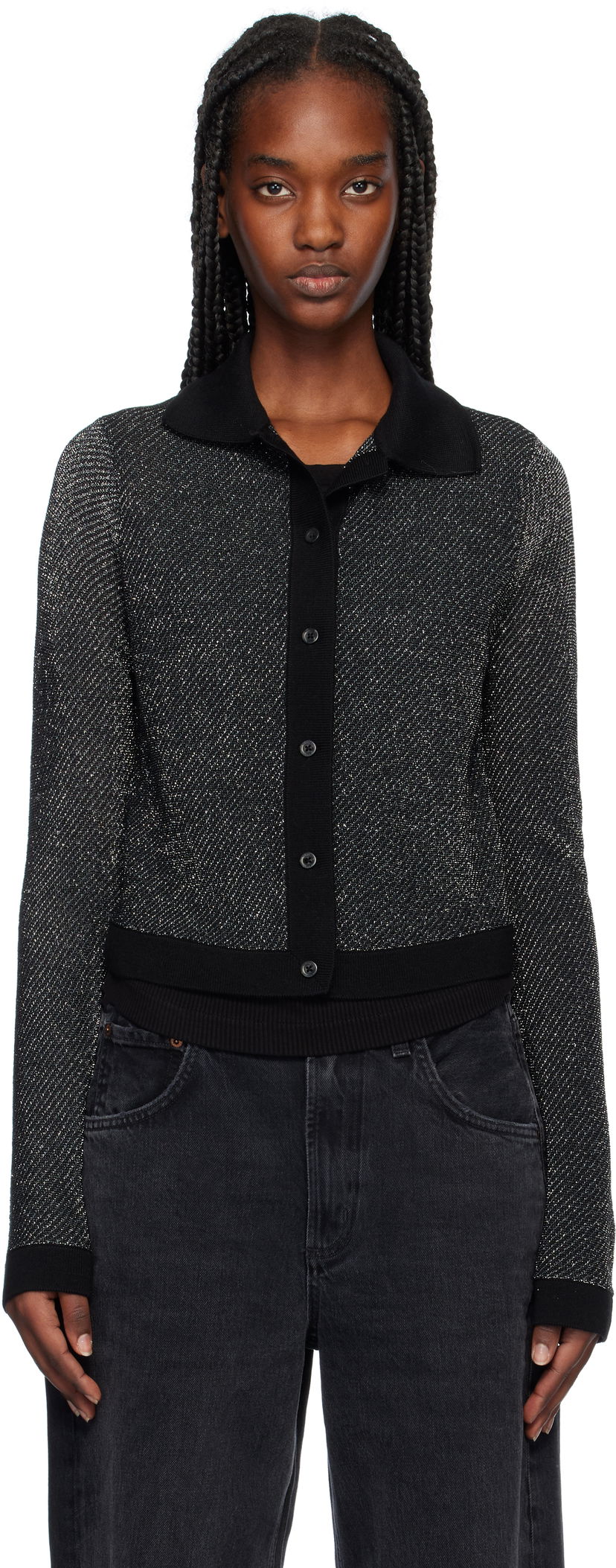 Pleteni pulover RE/DONE Lurex Polo Cardigan Črna | 794-10WLXPCAR