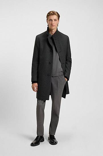 Plašči BOSS Regular-Fit Stand-Collar Wool-Blend Twill Coat Siva | 50546553, 1