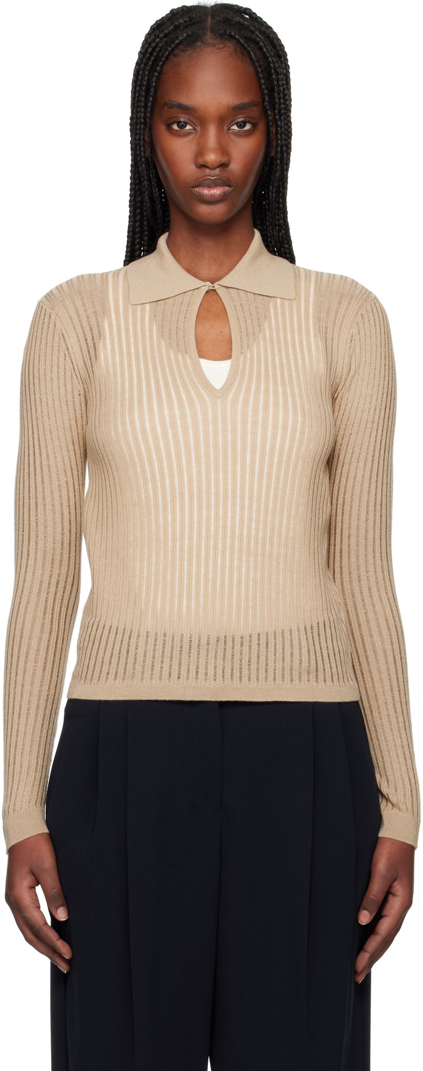 Pleteni pulover Max Mara Max Mara Ribbed Keyhole Polo Top Bež | 2516361021600