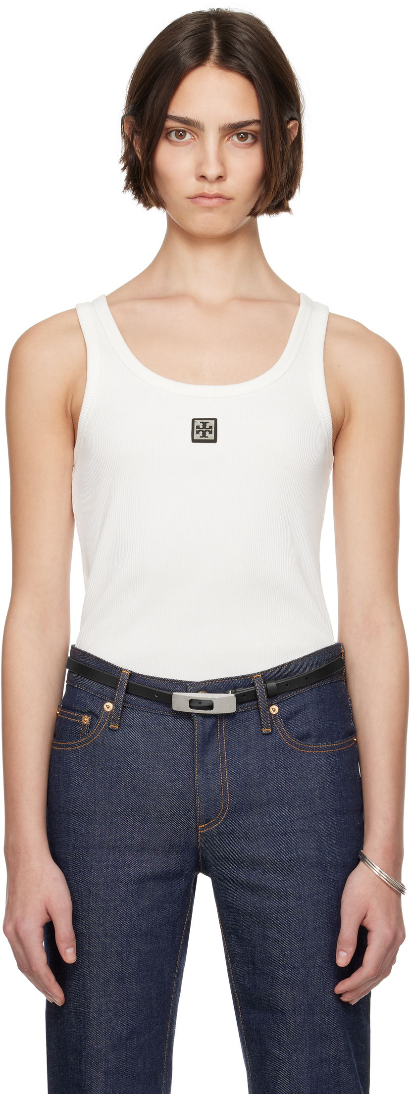 Majica brez rokavov Tory Burch Tory Burch Cotton Scoop Tank Top with Metal Logo Bela | 165173-047